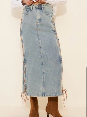 Moon River Light Blue Denim Midi Skirt with Side Lace-Up